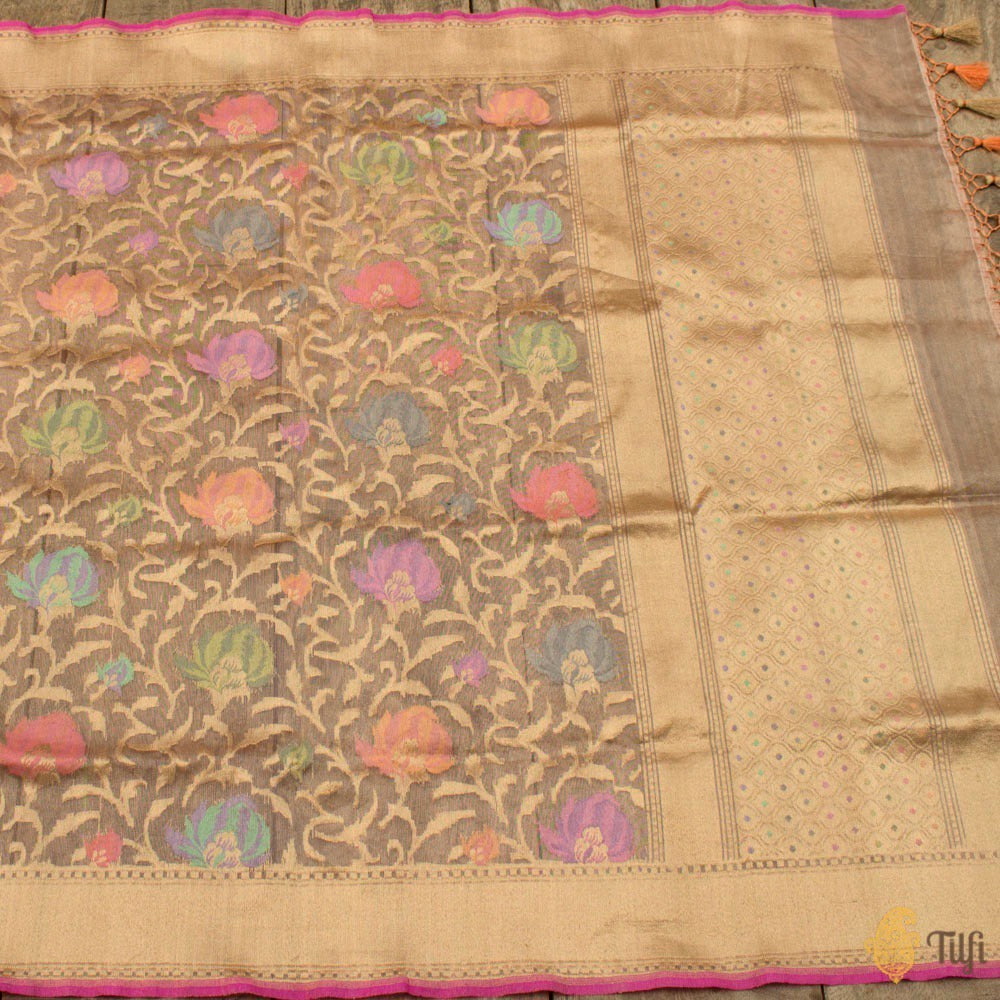 Light Pink-Gold Pure Kora Tissue Net Banarasi Handloom Dupatta