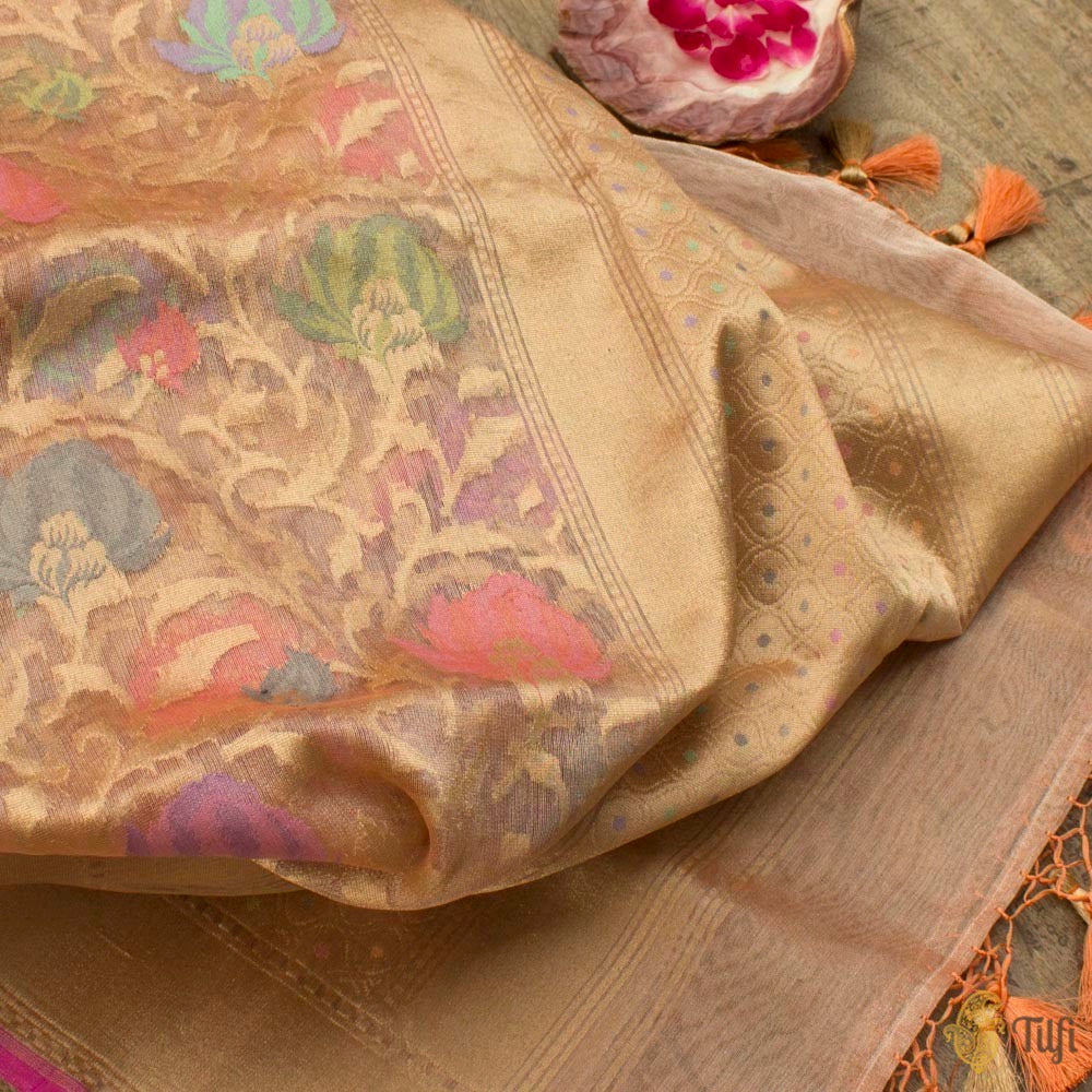 Light Pink-Gold Pure Kora Tissue Net Banarasi Handloom Dupatta