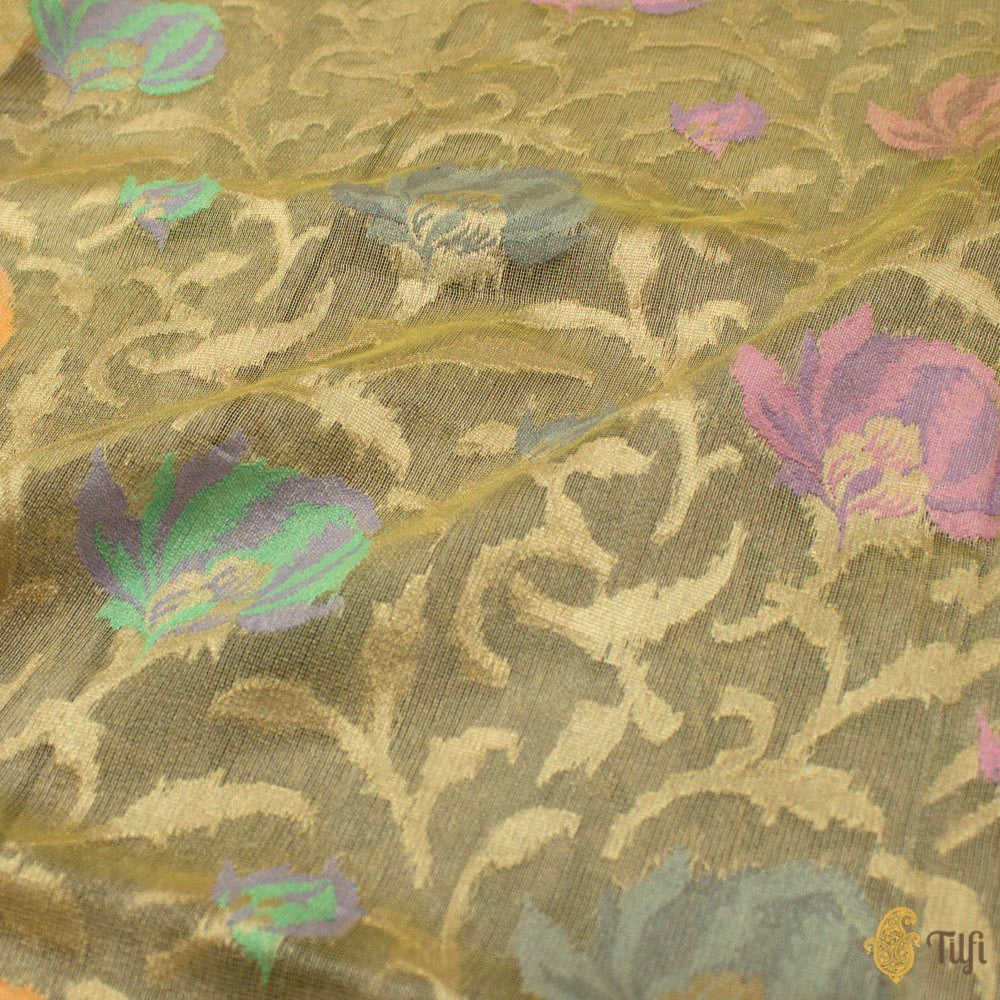 Light Yellow-Gold Pure Kora Tissue Net Banarasi Handloom Dupatta