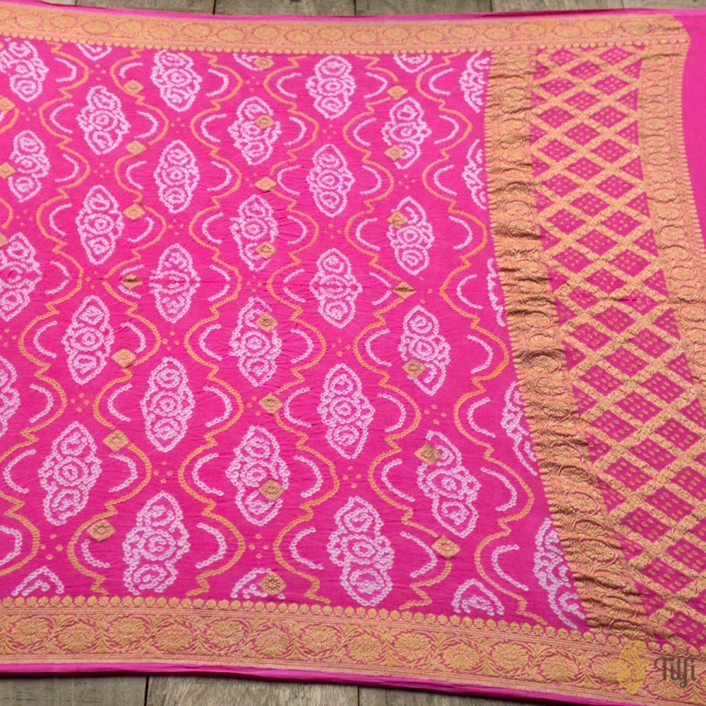 Gulabi Pink Pure Georgette Banarasi Handloom Bandhani Dupatta