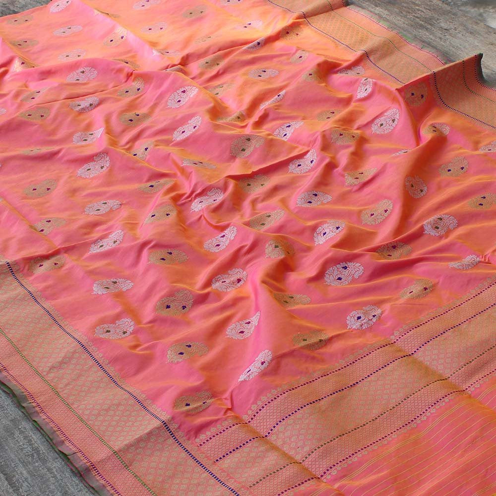 Gold-Rose Pink Pure Katan Silk Banarasi Handloom Dupatta