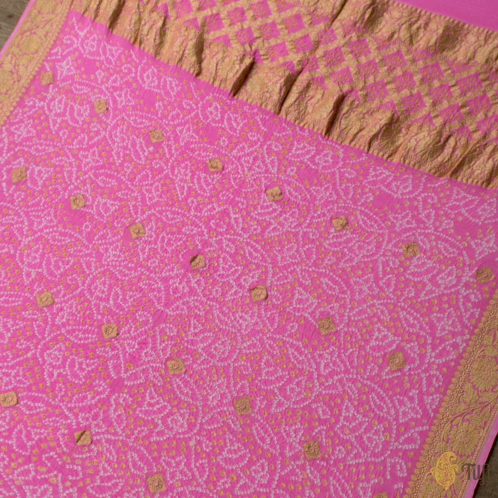 Light Gulabi Pink Pure Georgette Banarasi Handloom Bandhani Dupatta