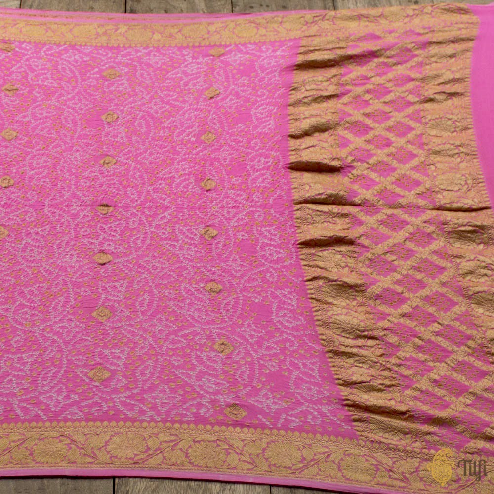Light Gulabi Pink Pure Georgette Banarasi Handloom Bandhani Dupatta