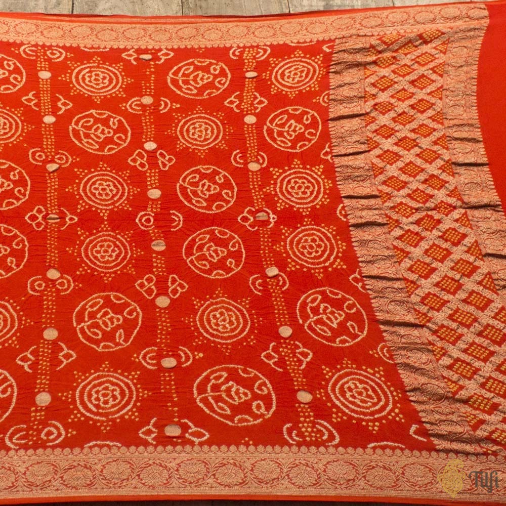 Reddish Orange Pure Georgette Banarasi Handloom Bandhani Dupatta