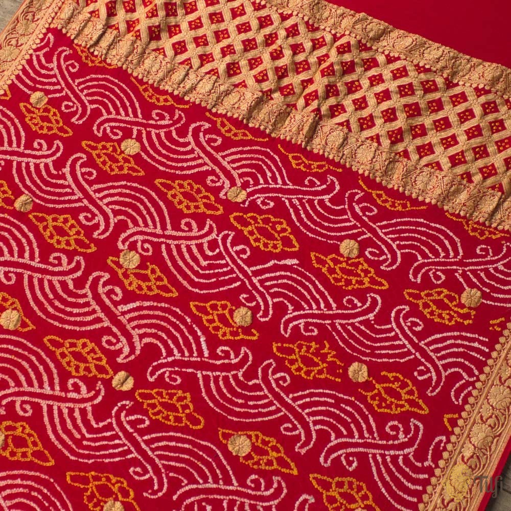 Red Pure Georgette Banarasi Handloom Bandhani Dupatta