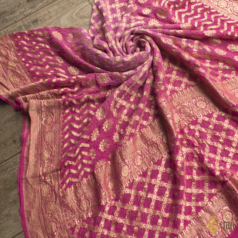 Pink Ombr√© Pure Georgette Banarasi Handloom Bandhani Dupatta
