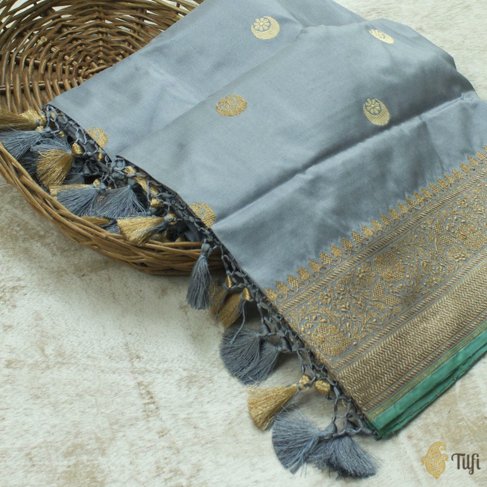 Blueish-Grey Pure Katan Silk Banarasi Handloom Dupatta