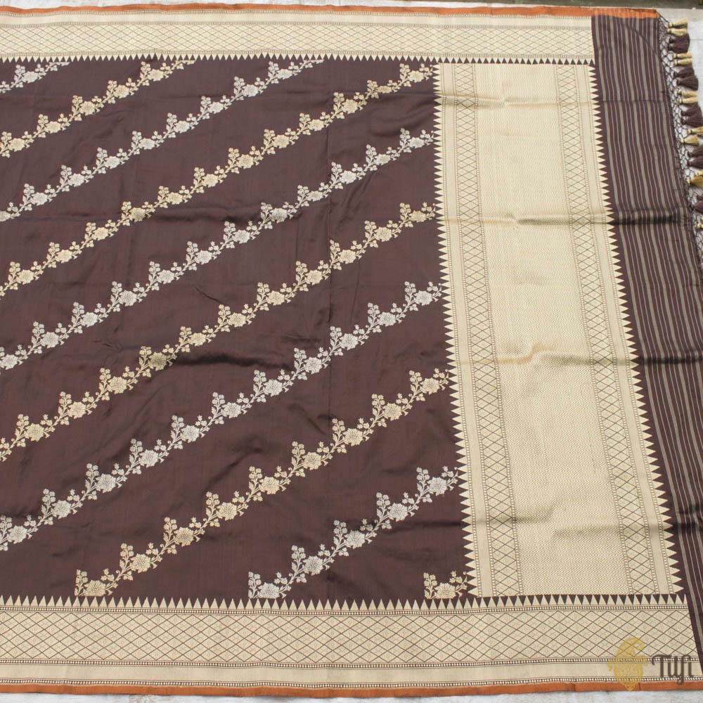 Dark Chocolate Brown Pure Katan Silk Banarasi Handwoven Dupatta
