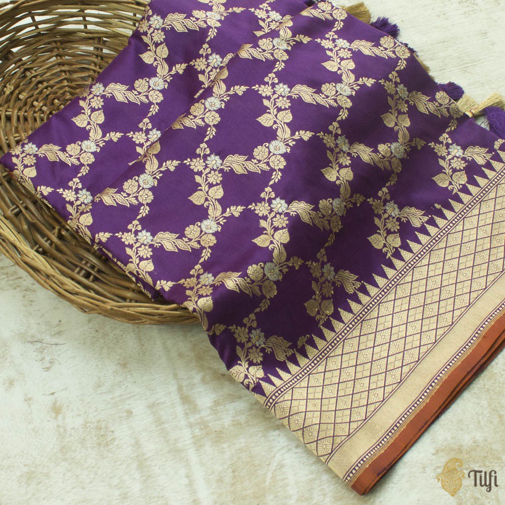 Purple Pure Katan Silk Kadwa Jangla Handloom Dupatta