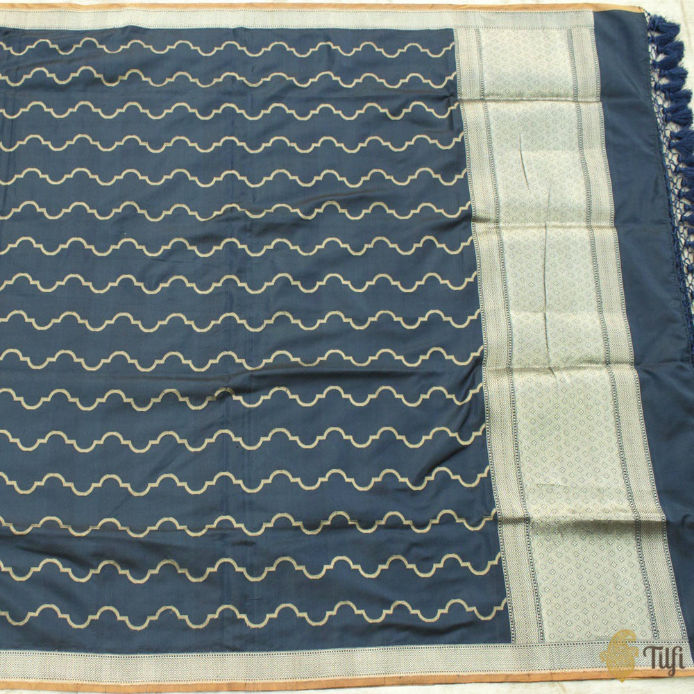 Prussian Blue Pure Katan Silk Banarasi Handloom Dupatta