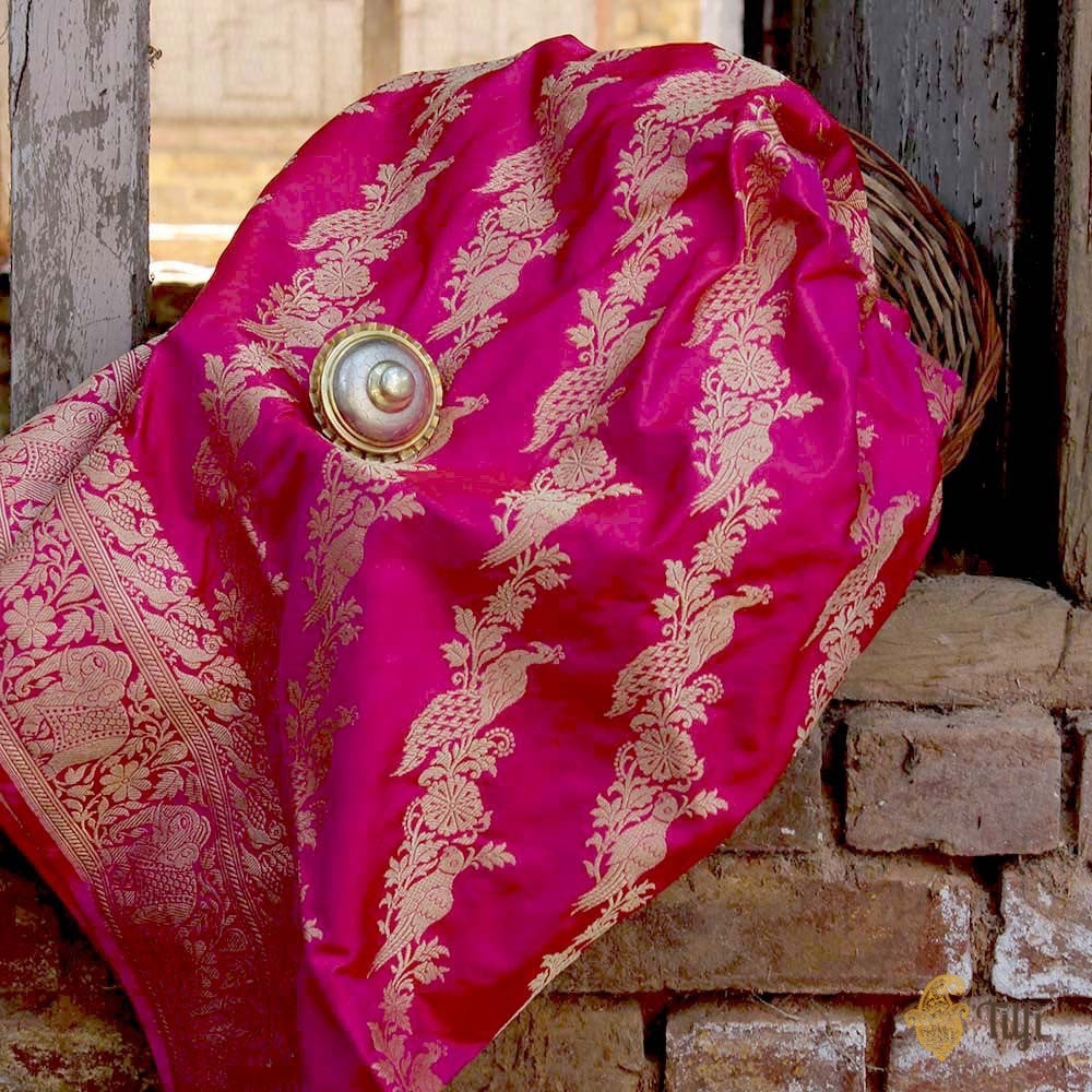 Rani Pink-Red Pure Katan Silk Banarasi Handwoven Dupatta