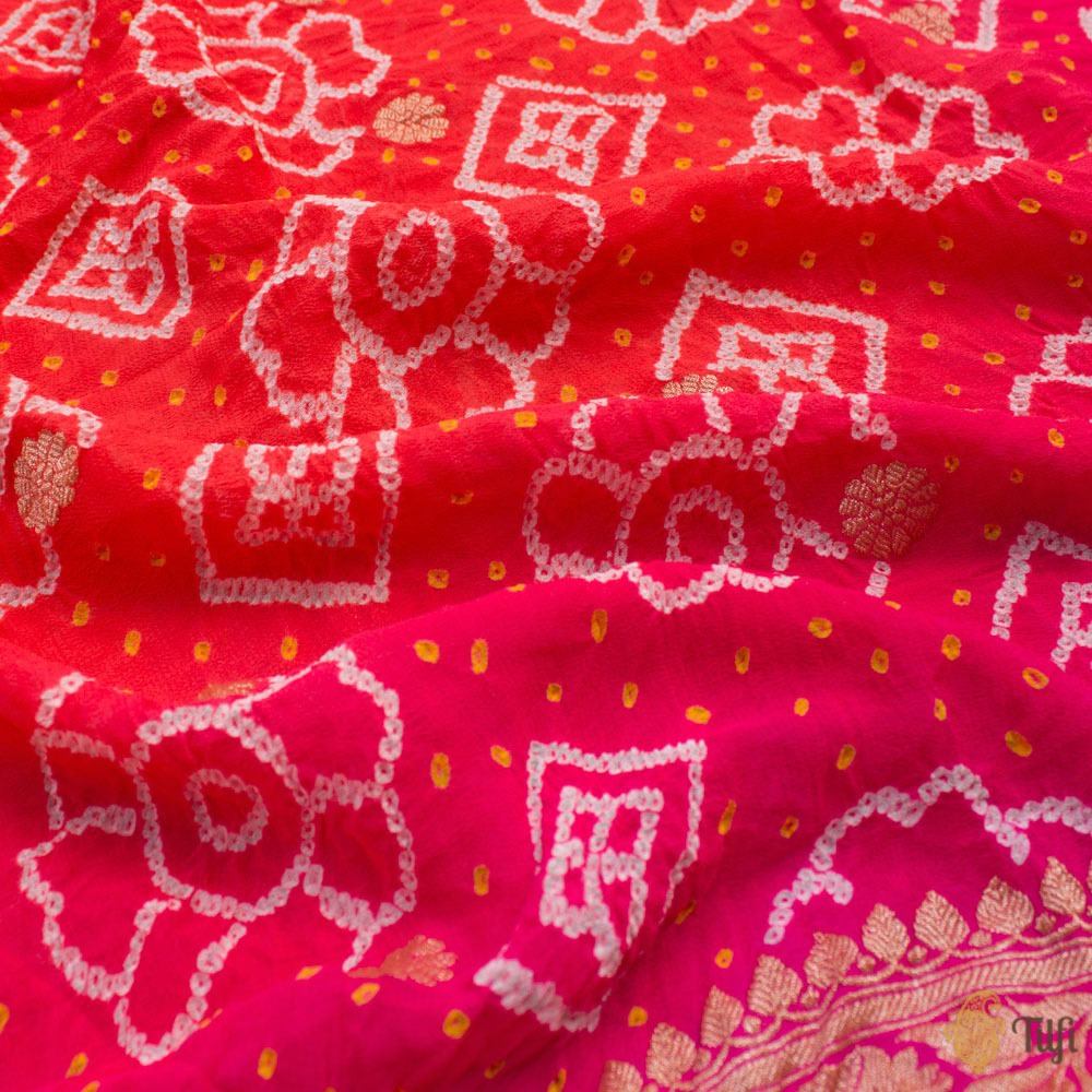 Orange-Pink Pure Georgette Banarasi Handloom Bandhani Dupatta