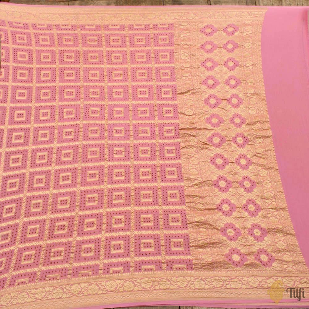 Light Pink Pure Georgette Banarasi Handloom Bandhani Dupatta