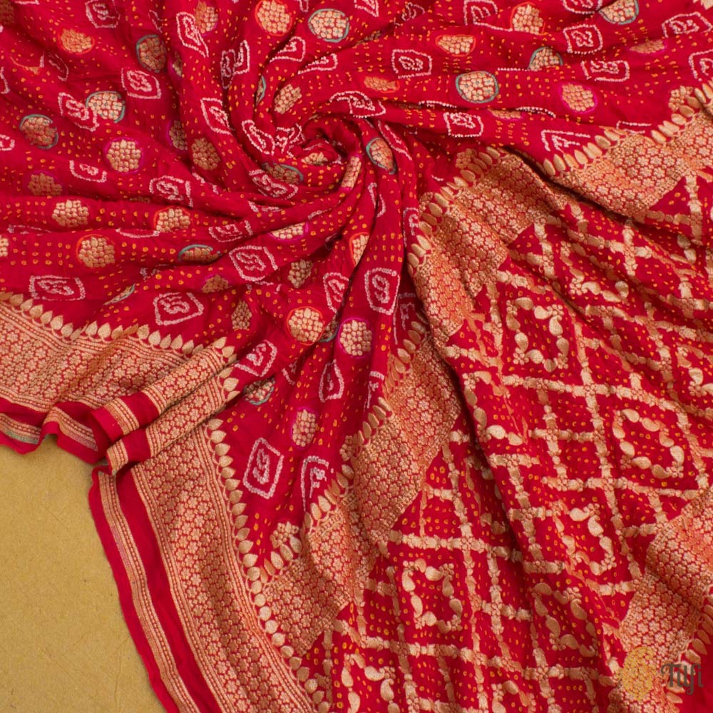 Red Pure Georgette Banarasi Handloom Bandhani Dupatta