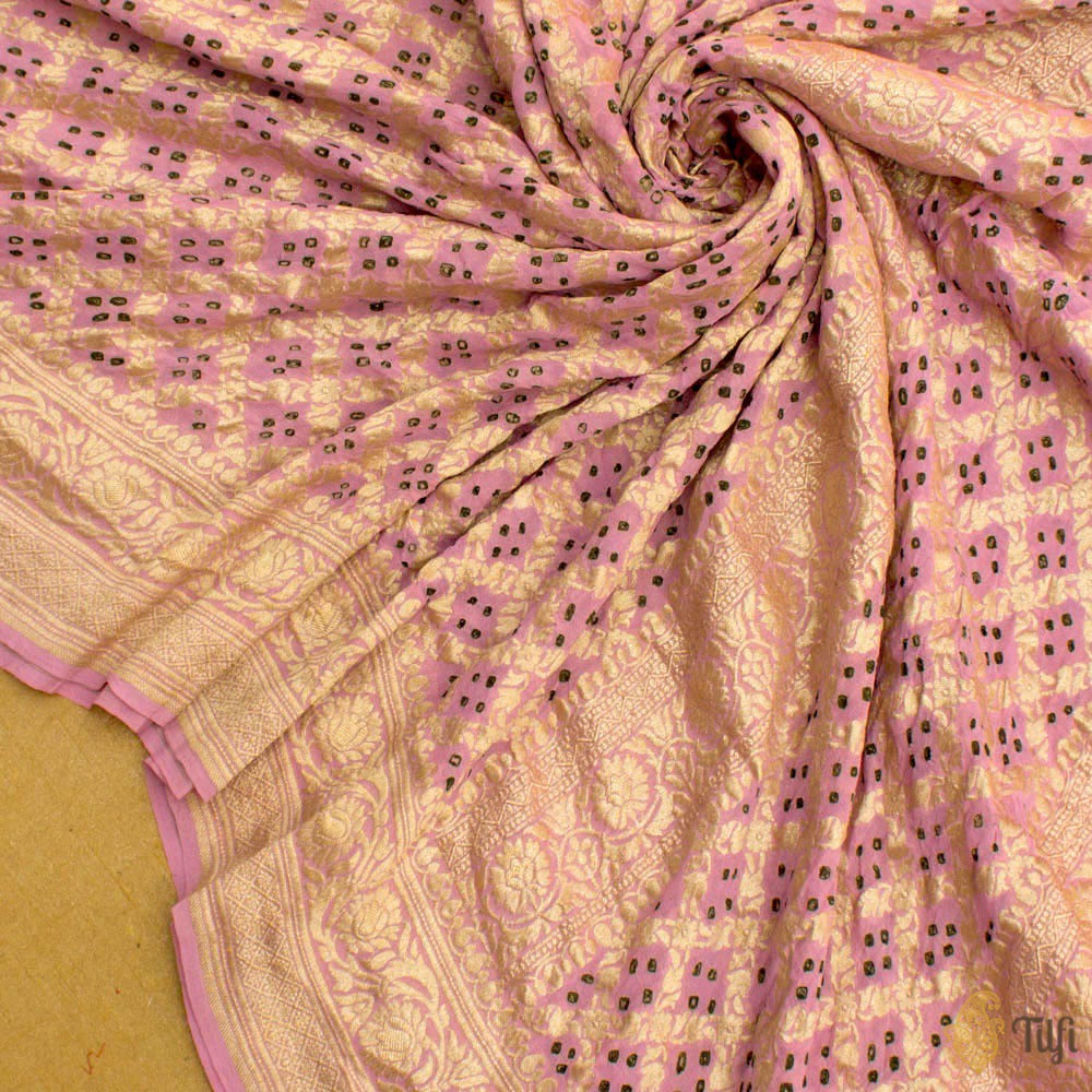 Light Pink Pure Georgette Banarasi Handloom Bandhani Dupatta