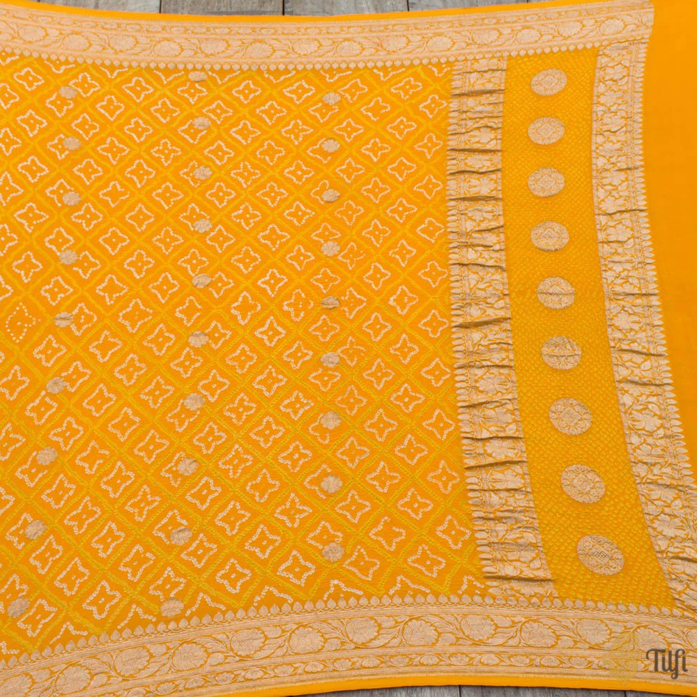 Yellowish-Orange Pure Georgette Banarasi Handloom Bandhani Dupatta