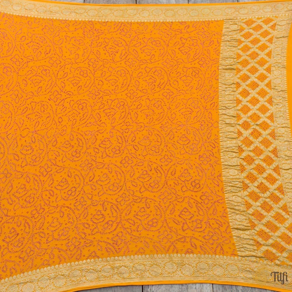 Yellowish-Orange Pure Georgette Banarasi Handloom Bandhani Dupatta