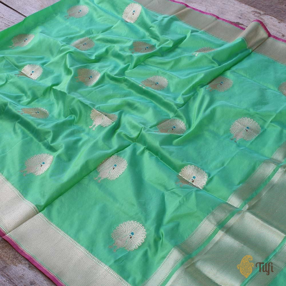 Green - Banarasi Handloom Katan Silk Zari Buti Dupatta with Tassels 66