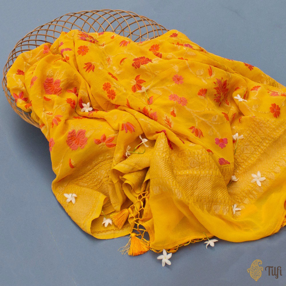 Yellow Pure Khaddi Georgette Banarasi Handloom Dupatta