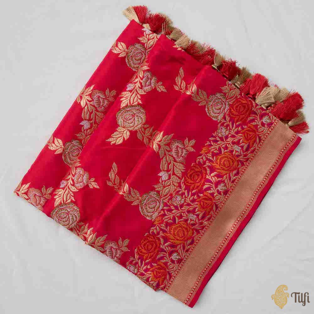 Red Pure Katan Silk Banarasi Handloom Jangla Dupatta