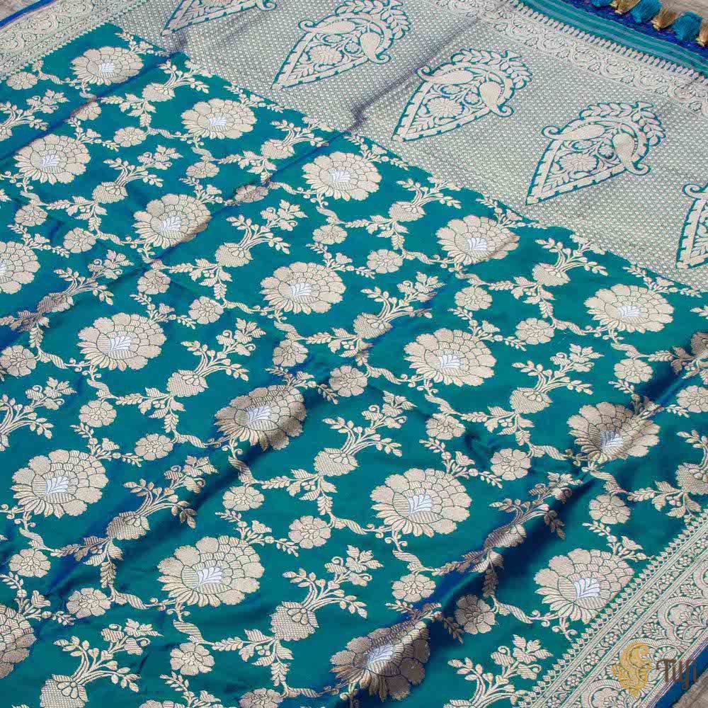 Blue-Green Pure Katan Silk Kadwa Jangla Handloom Dupatta