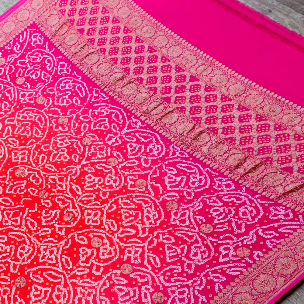 Coral Peach-Rani Pink Pure Georgette Banarasi Handloom Bandhani Dupatta