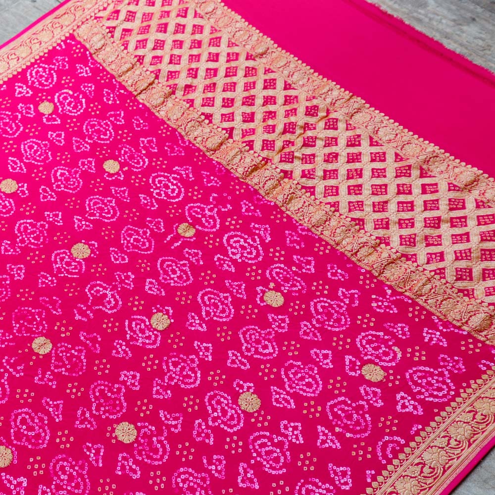 Rani Pink Pure Georgette Banarasi Handloom Bandhani Dupatta