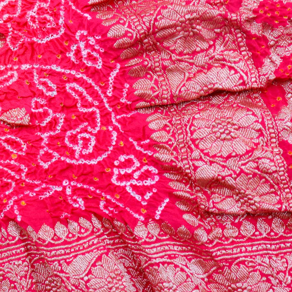 Coral-Ruby Pink Pure Georgette Banarasi Handloom Bandhani Dupatta