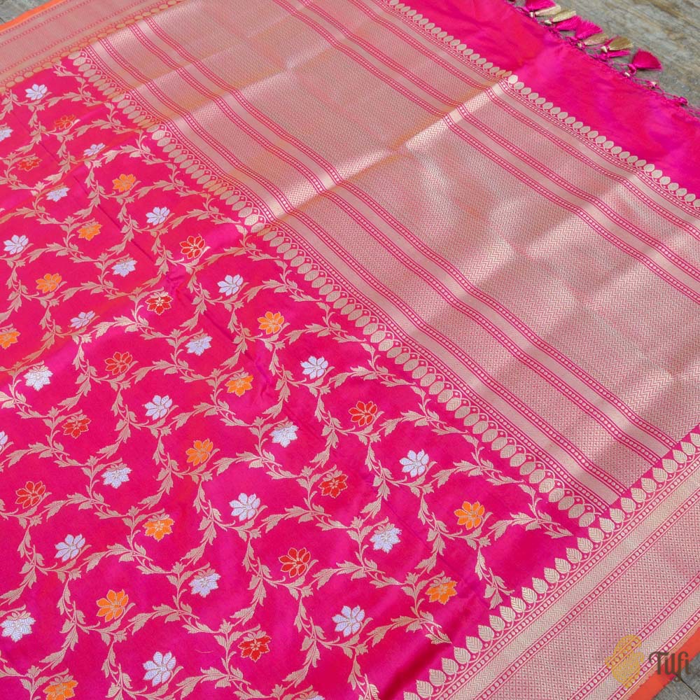 Red-Rani Pink Pure Katan Silk Banarasi Handloom Jangla Dupatta