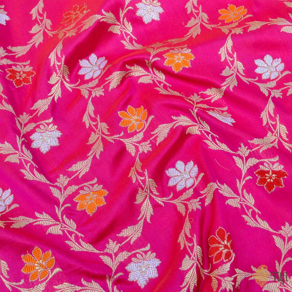 Red-Rani Pink Pure Katan Silk Banarasi Handloom Jangla Dupatta