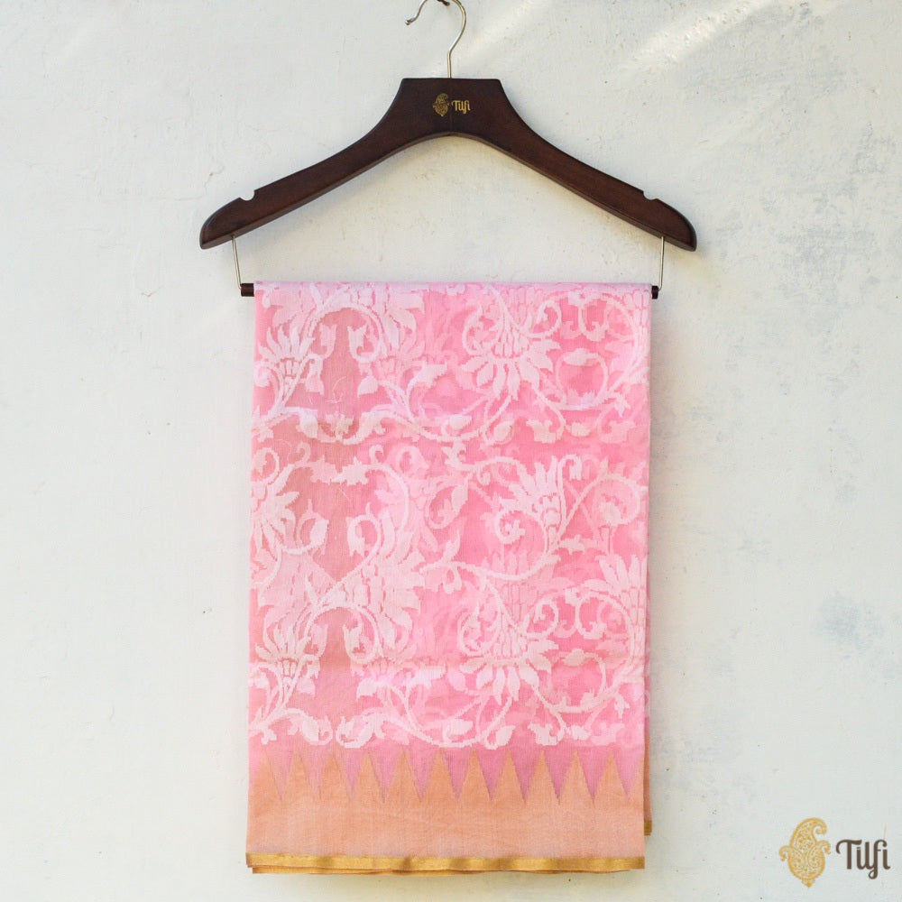 Baby Pink Pure Kora Silk Net Banarasi Handloom Dupatta