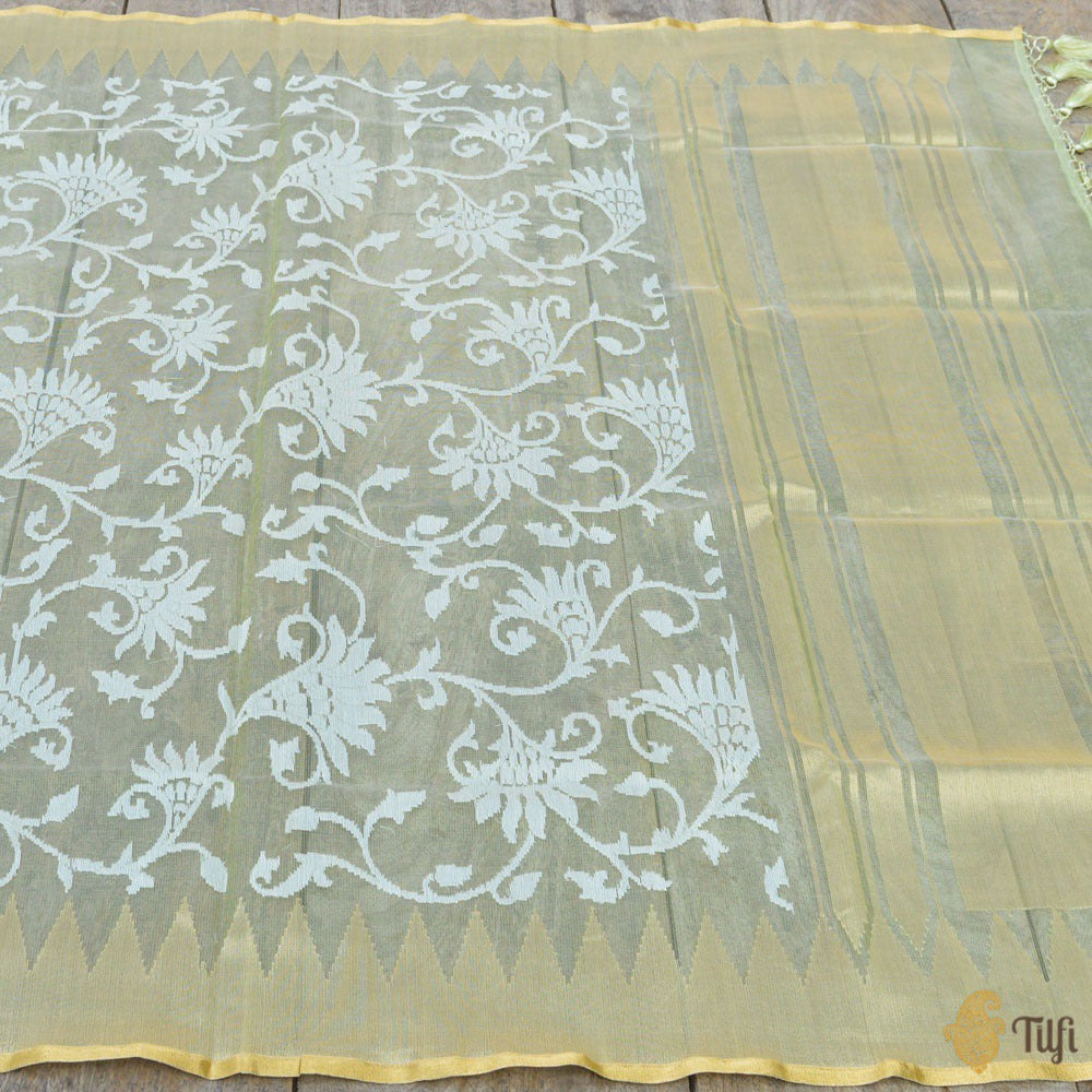 Mint Green Pure Kora Silk Net Banarasi Handloom Dupatta