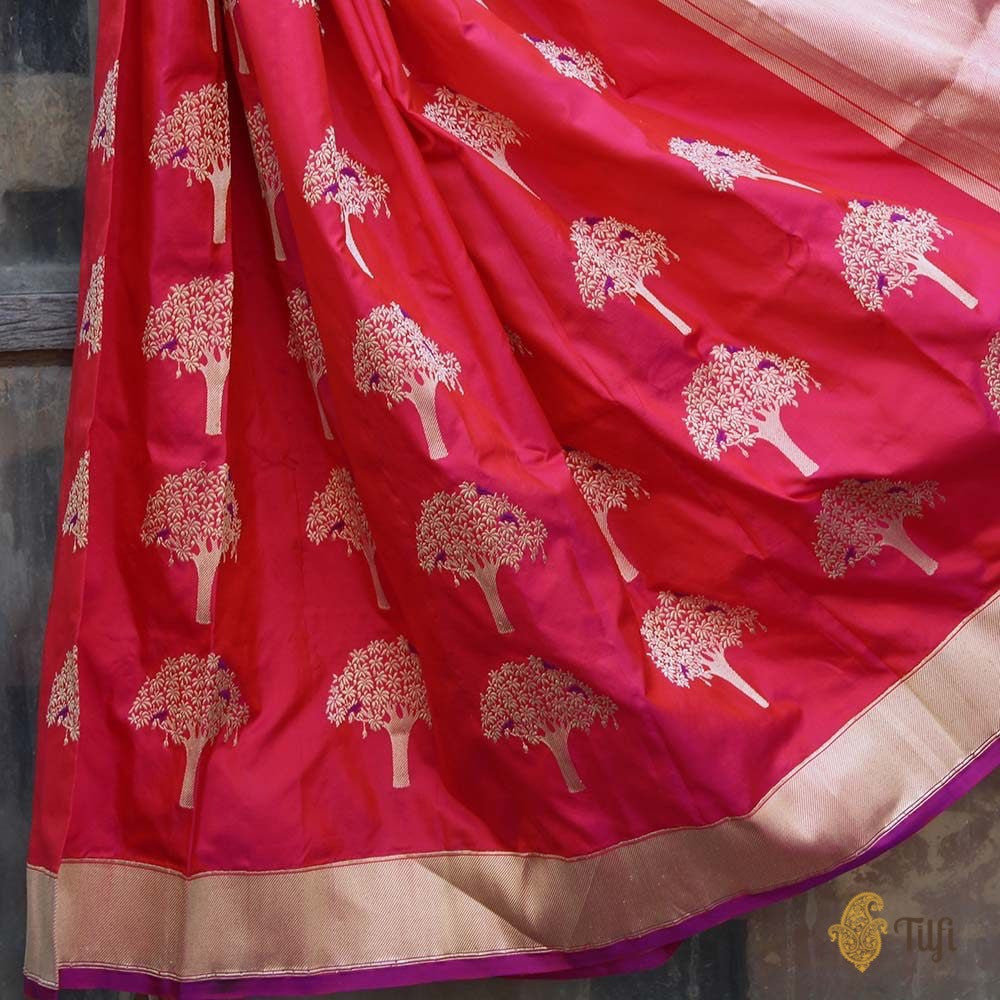 Rani Pink-Red Pure Katan Silk Banarasi Handloom Dupatta