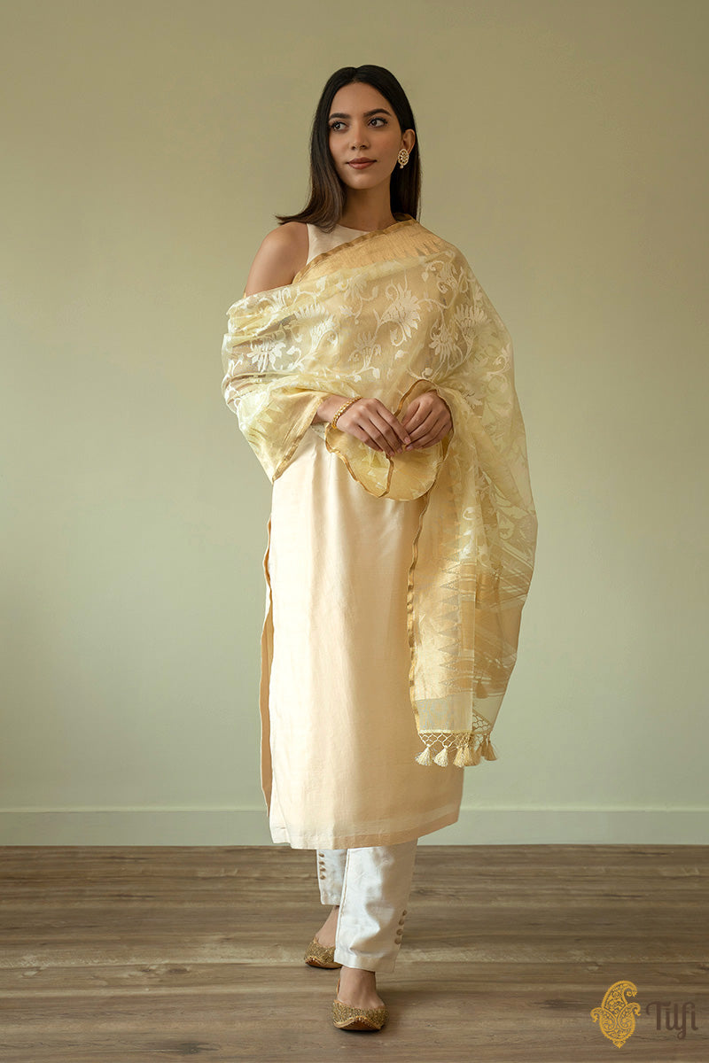 Ivory-Yellow Pure Kora Silk Net Banarasi Handloom Dupatta