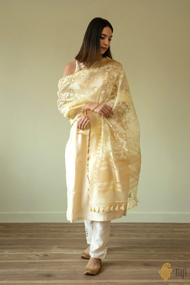 Ivory-Yellow Pure Kora Silk Net Banarasi Handloom Dupatta