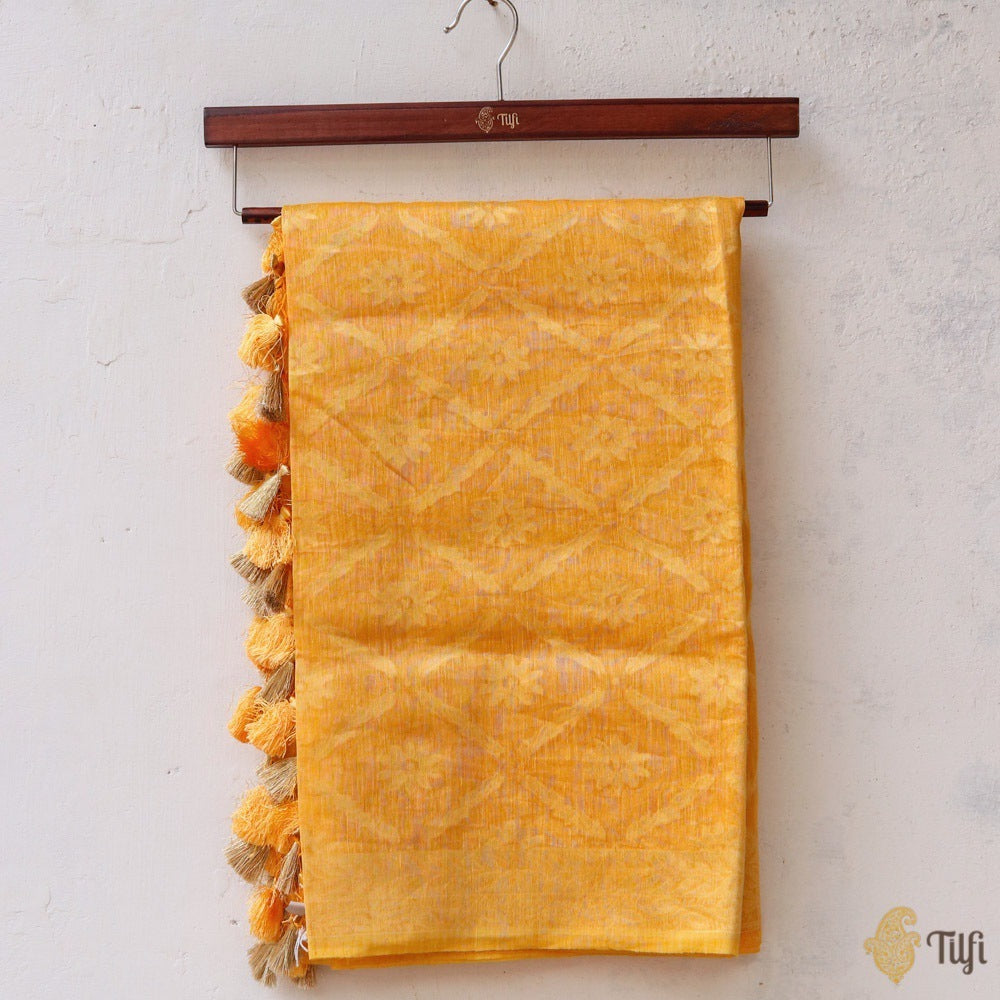 Yellow Pure Kora Linen Banarasi Handloom Dupatta