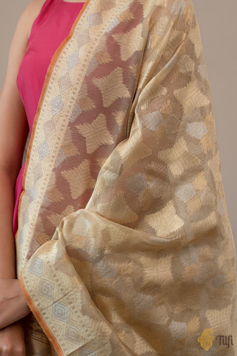 Light Gold Pure Kora Silk Tissue Net Banarasi Handloom Dupatta