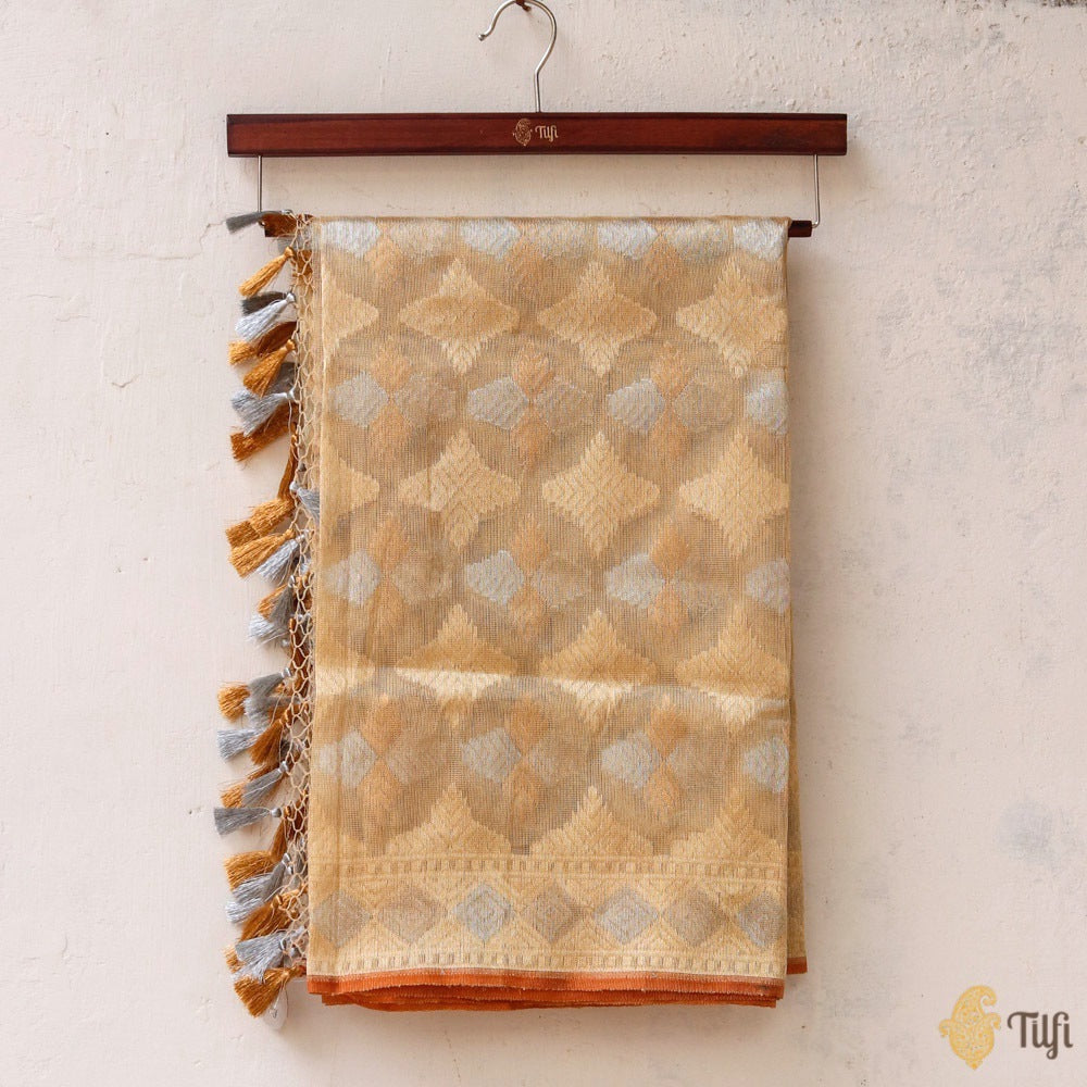 Light Gold Pure Kora Silk Tissue Net Banarasi Handloom Dupatta