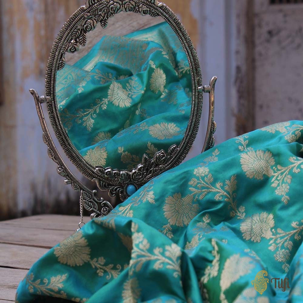 Ferozi Blue Pure Katan Silk Kadwa Jangla Handloom Dupatta