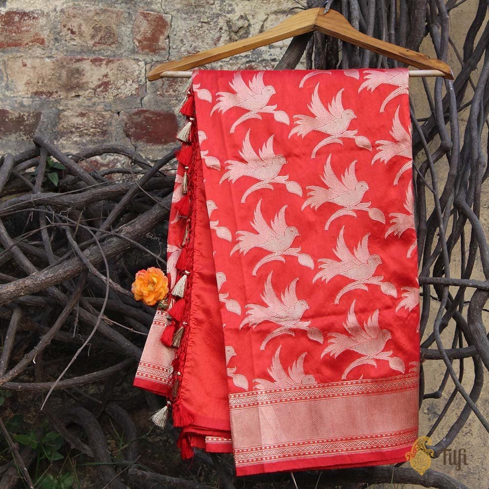 Red Pure Silk Georgette Banarasi Handloom Dupatta