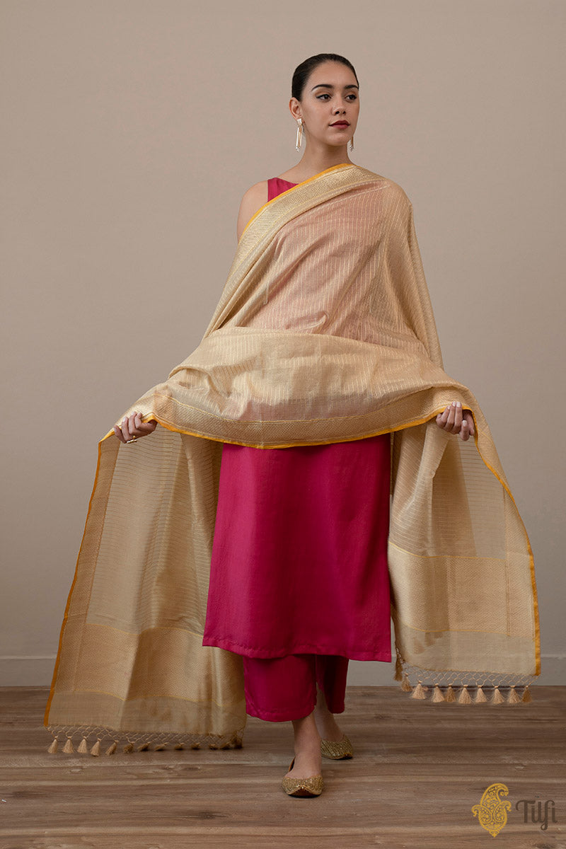 Gold Pure Cotton Silk Tissue Banarasi Handloom Dupatta