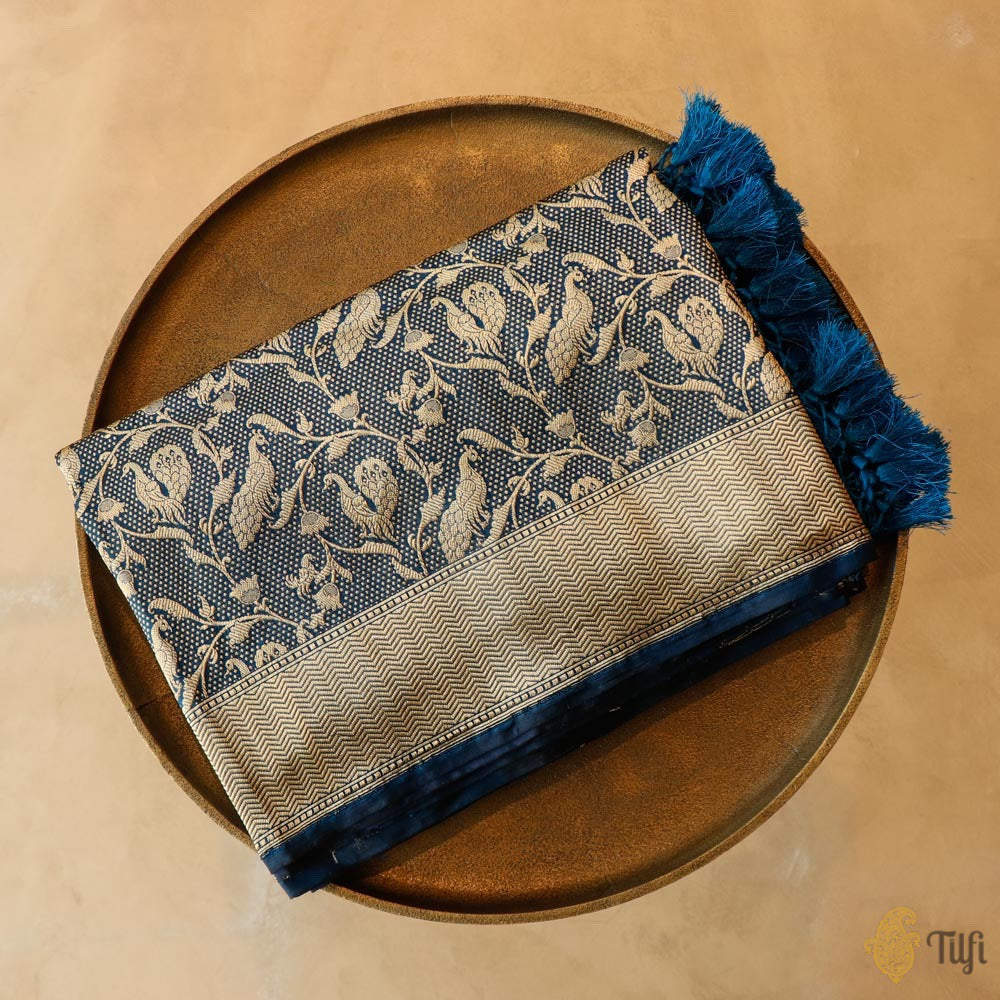 Blue Pure Katan Silk Banarasi Handloom Dupatta