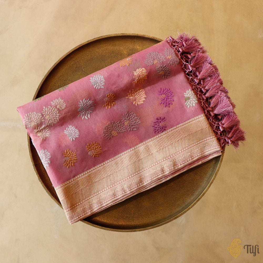 Lavender Pink Pure Kora Silk Banarasi Handloom Dupatta