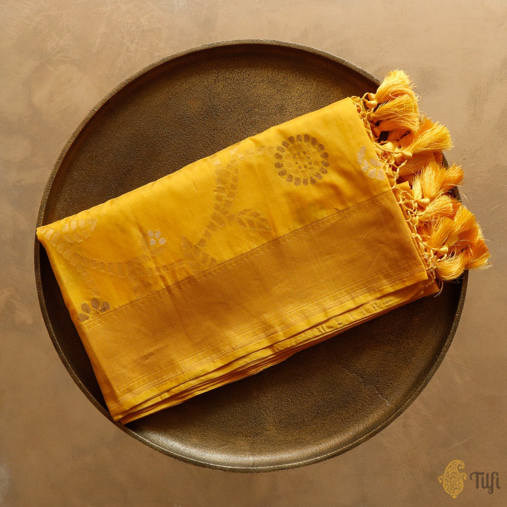 Yellow Pure Katan Silk Georgette Banarasi Handloom Dupatta