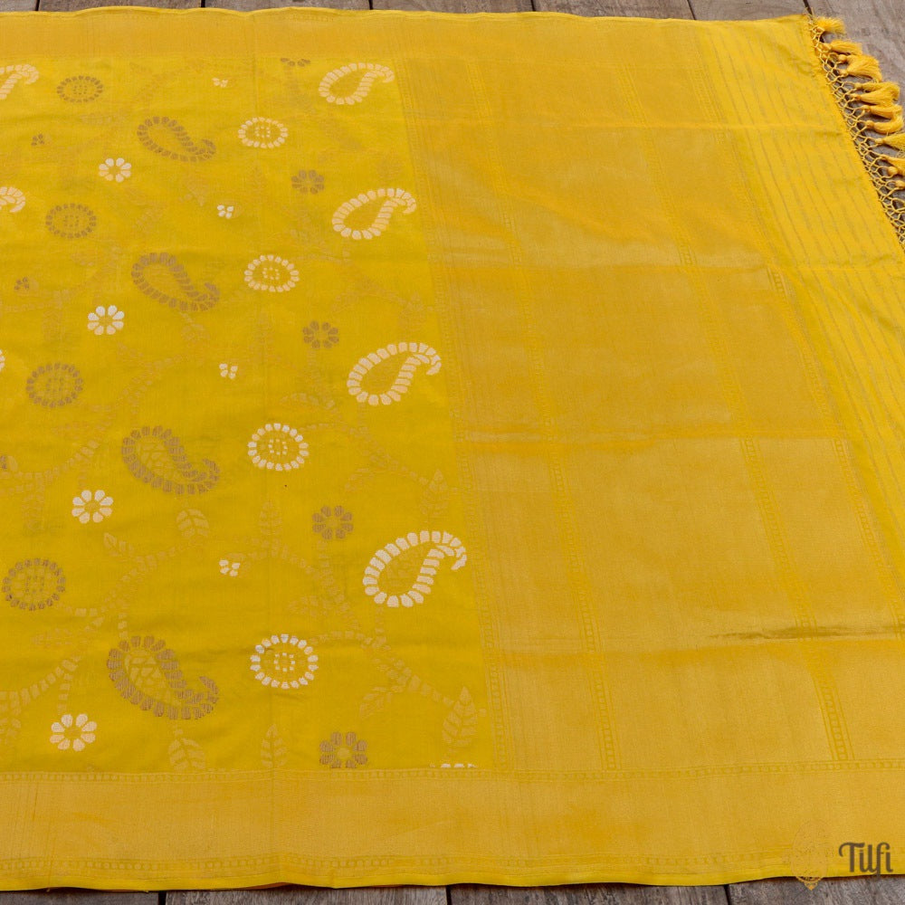 Yellow Pure Katan Silk Georgette Banarasi Handloom Dupatta