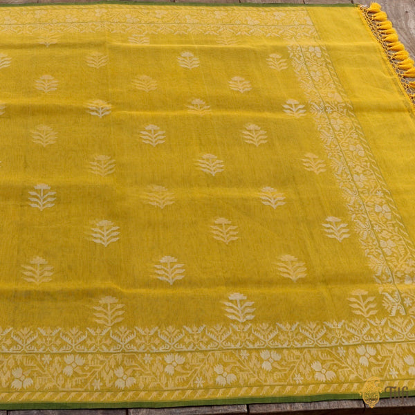 Yellow Pure Cotton Real Zari Banarasi Handloom Jamdani Dupatta - Tilfi
