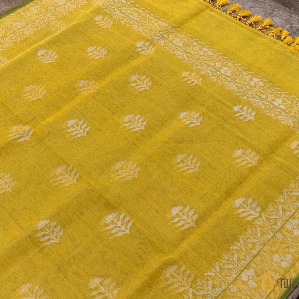 Yellow Pure Cotton Real Zari Banarasi Handloom Jamdani Dupatta