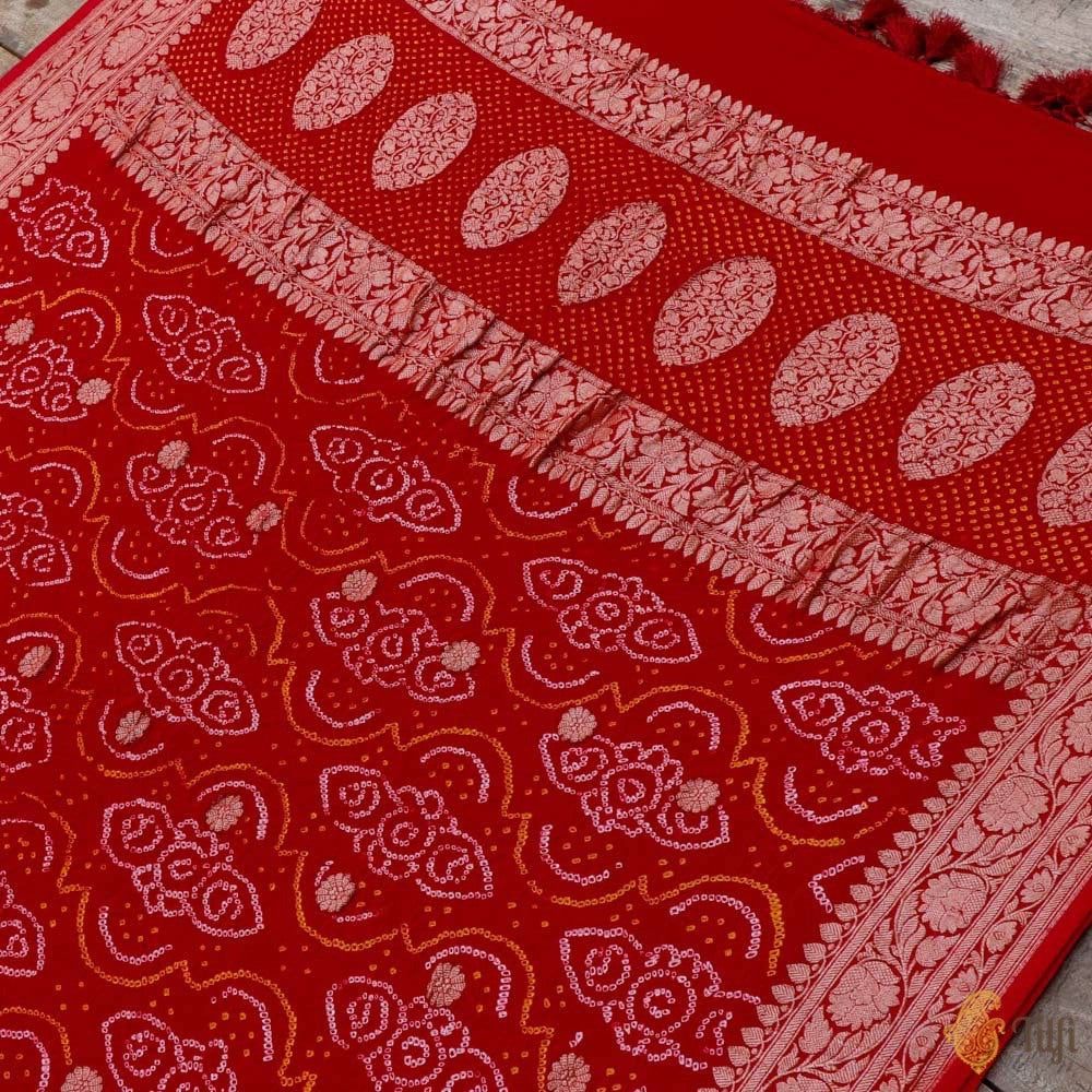 Maroonish-Red Pure Georgette Banarasi Handloom Bandhani Dupatta