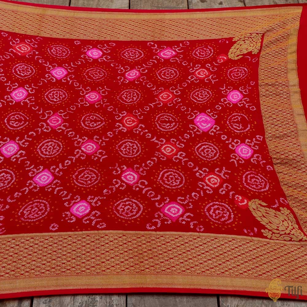 Deep Red Pure Georgette Banarasi Handloom Bandhani Dupatta