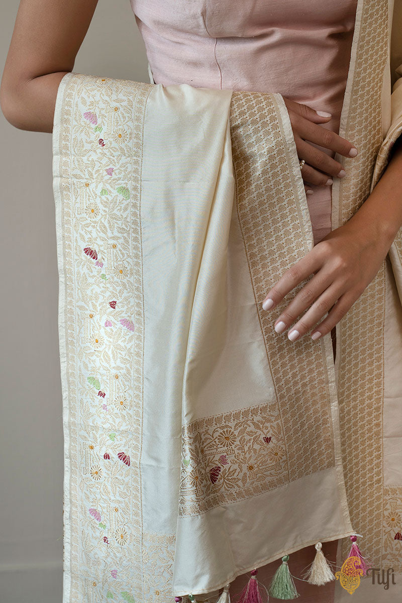 Pre-Order: &#39;Hunar&#39; Off-White Pure Katan Silk Banarasi Handloom Dupatta